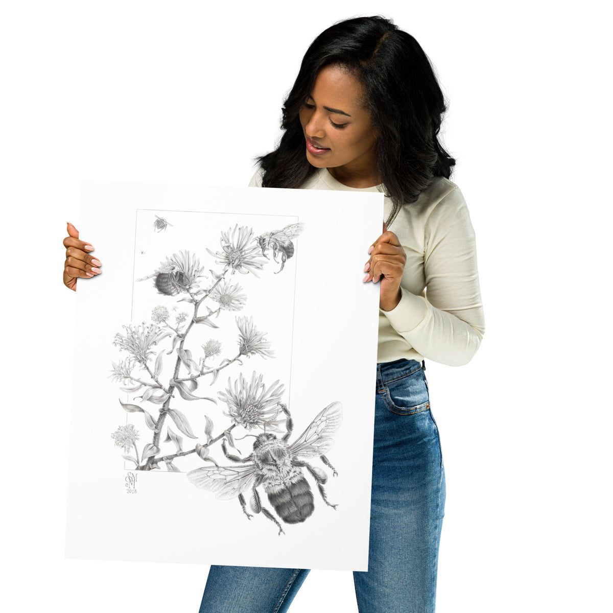 Person holding 16x20 inch museum-quality print of Late Autumn Forage illustration of bumblebees and asters to show relative size. Graphite illustration by Suzanne Matheson, 2017.