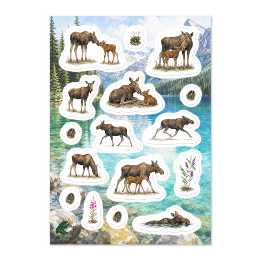 A glossy wildlife sticker sheet showing moose cows and calves nuzzling noses, set against a Rocky Mountain lake scene.  Ideal for travel journals, envelopes, and outdoor adventure scrapbooks.