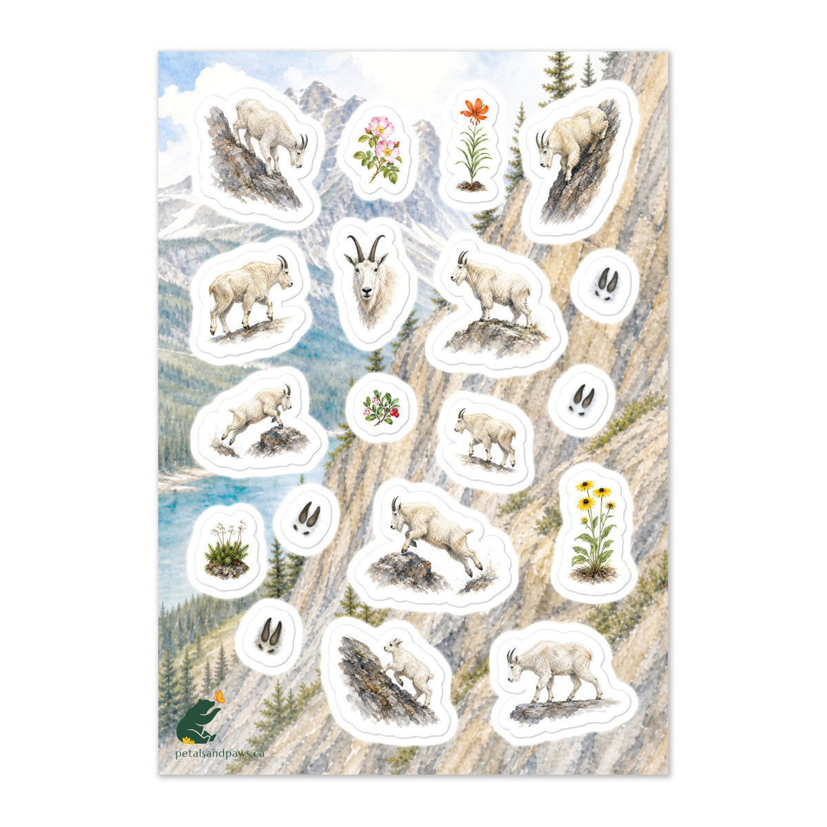 A glossy wildlife sticker sheet showing mountain goats on the move against a Rocky Mountain Athabasca River scene, ideal for travel journals, envelopes, and outdoor adventure scrapbooks.