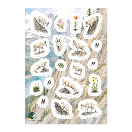 A glossy wildlife sticker sheet showing mountain goats on the move against a Rocky Mountain Athabasca River scene, ideal for travel journals, envelopes, and outdoor adventure scrapbooks.