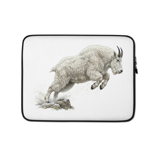 Product mockup of 13 inch Mountain Goat Laptop Sleeve. This sleeve is white with zipper and features a realistic illustration of a Mountain Goat in a running pose.