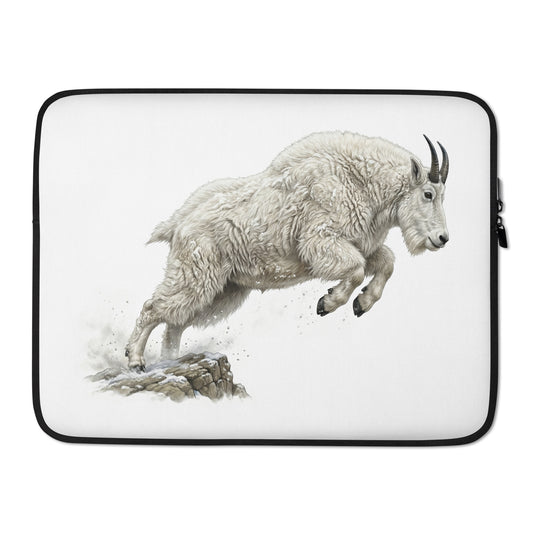 Product mockup of 15 inch Mountain Goat Laptop Sleeve. This sleeve is white with zipper and features a realistic illustration of a Mountain Goat in a running pose.