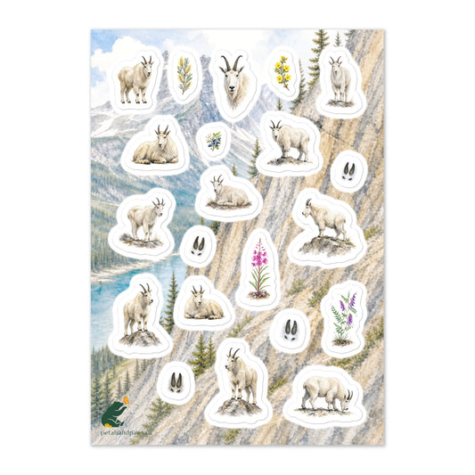 A glossy wildlife sticker sheet showing mountain goats in various stationary poses against a Rocky Mountain Athabasca River scene, ideal for travel journals, envelopes, and outdoor adventure scrapbooks.