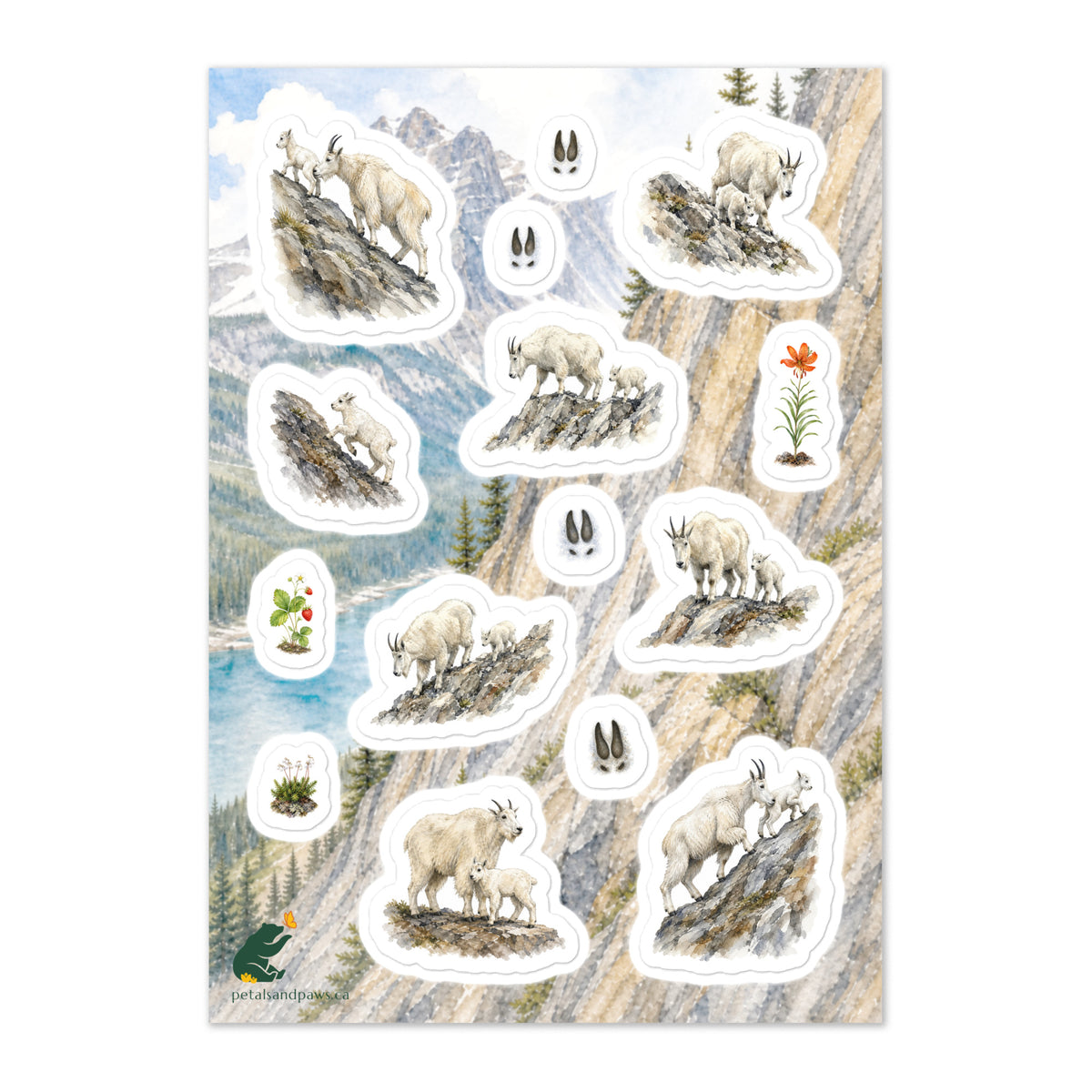 A glossy wildlife sticker sheet showing mountain goat nannies and kids against a Rocky Mountain Athabasca River scene, ideal for travel journals, envelopes, and outdoor adventure scrapbooks.