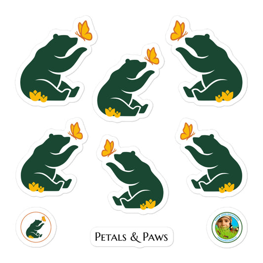 Product mockup of a sheet of five 2.5" wide Petals & Paws Beary kiss-cut stickers. This sheet features Petals & Paws forest green bear reaching for a yellow butterfly and sitting in yellow flowers, along with Petals & Paws and Your Own Backyard logo stickers.
