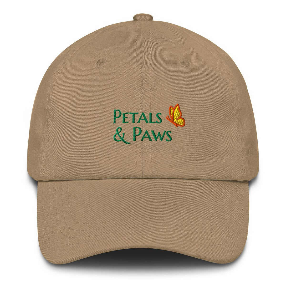 Product mockup of khaki Petals & Paws Classic Dad Hat.  This ball cap front features "Petals & Paws" in the brand's signature font, Marcellus SC, in green embroidery accented with the brands butterfly.
