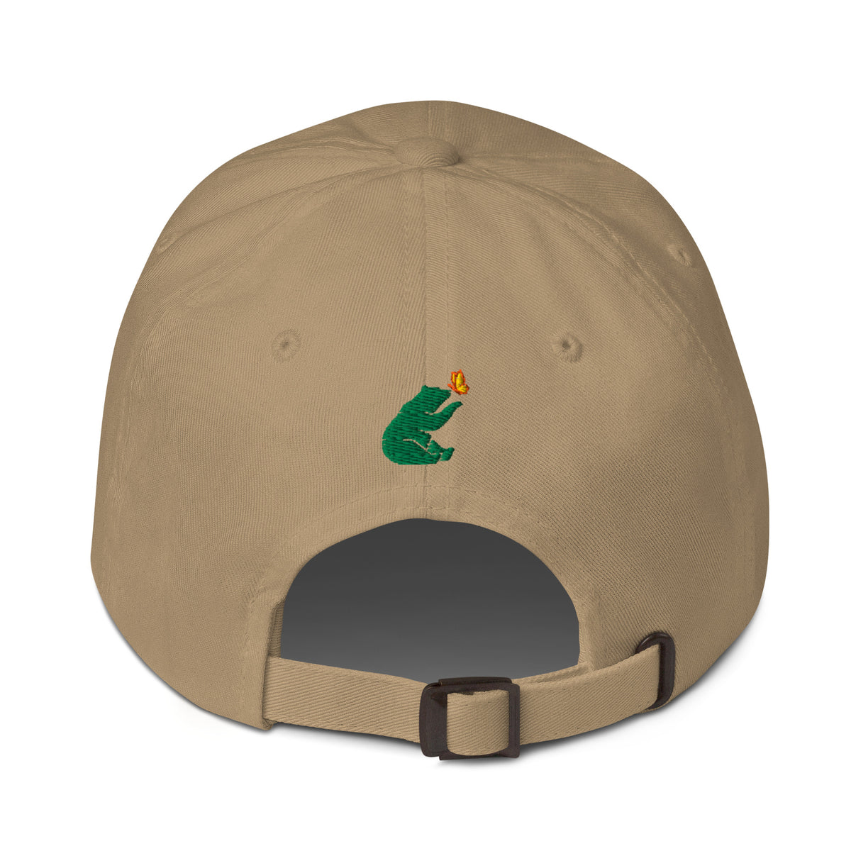 Product mockup of khaki Petals & Paws Classic Dad Hat.  This ball cap back features Petals & Paws brand's signature bear and butterfly in embroidered green, orange and yellow. 