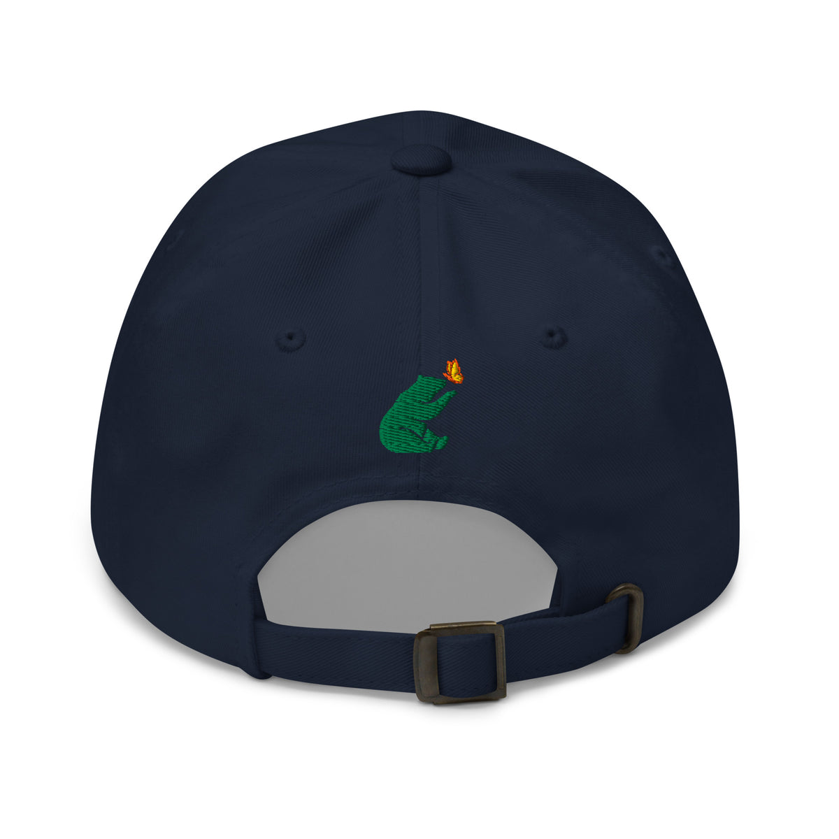 Product mockup of navy Petals & Paws Classic Dad Hat.  This ball cap back features Petals & Paws brand's signature bear and butterfly in embroidered green, orange and yellow.  