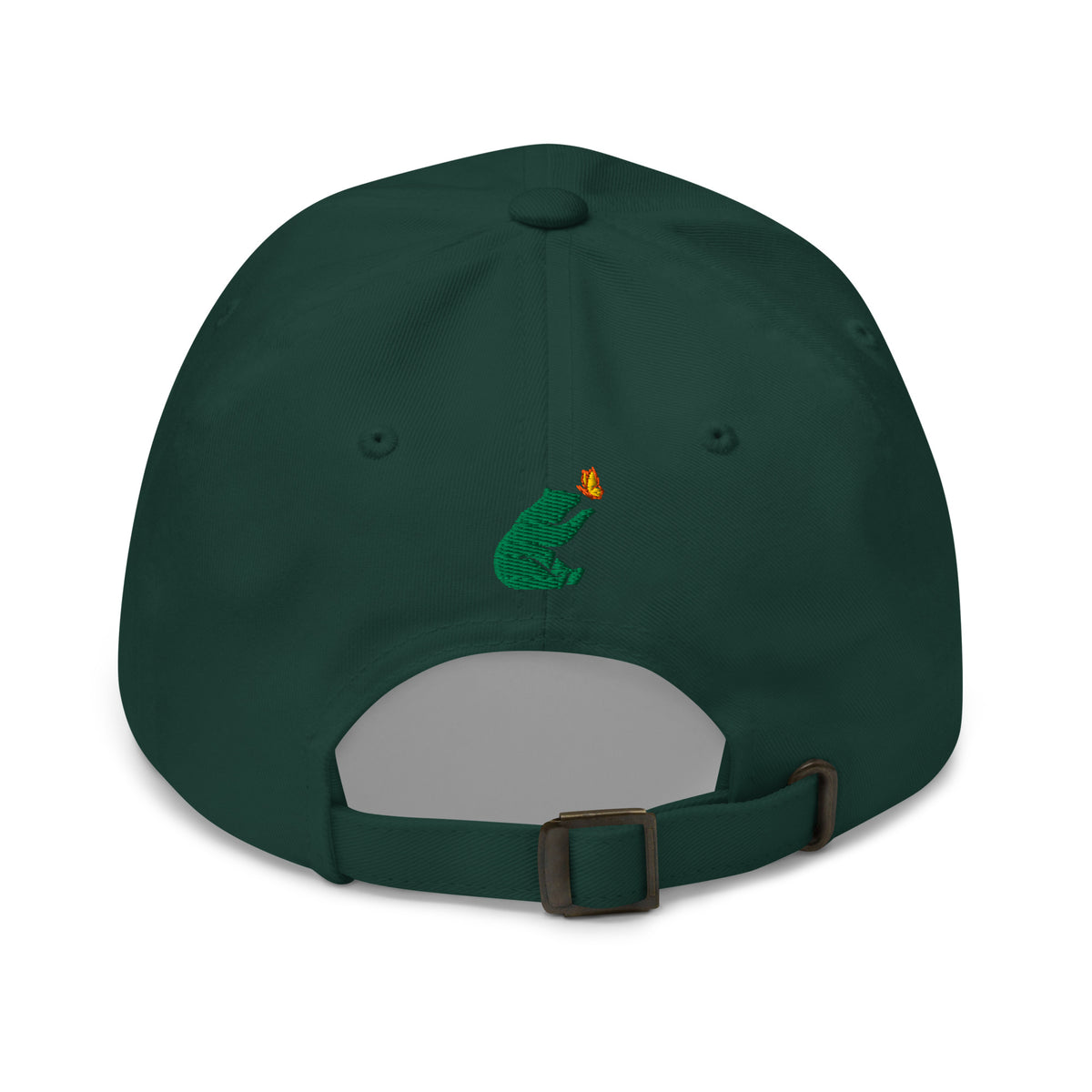 Product mockup of spruce green Petals & Paws Classic Dad Hat.  This ball cap back features Petals & Paws brand's signature bear and butterfly in embroidered green, orange and yellow.  