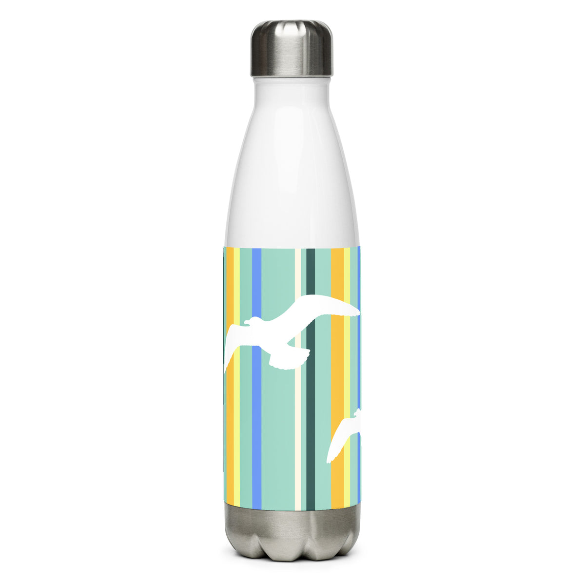 Product mockup of a 17 oz Petals & Paws Cove Water Bottle against a white background. This bottle features seagull design with teal striped pattern.