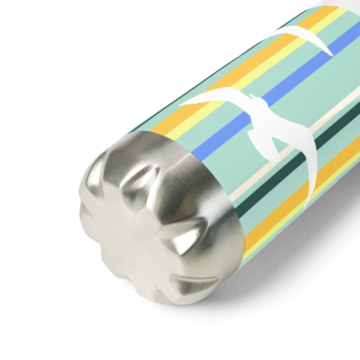 A Petals & Paws Cove Water Bottle laying on its side to reveal the structure of its stainless steel bottom. This bottle features seagull design with teal striped pattern.