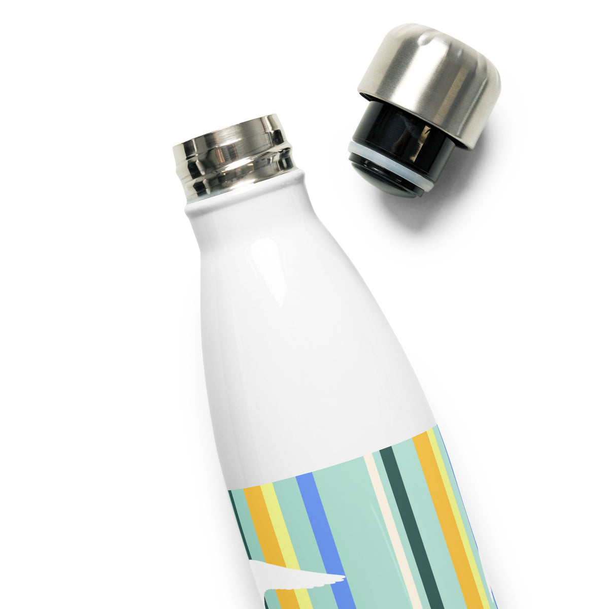 A Petals & Paws Cove Water Bottle, with screw-lid off to reveal it fully, along with the bottle rim. This bottle features seagull design with teal striped pattern.