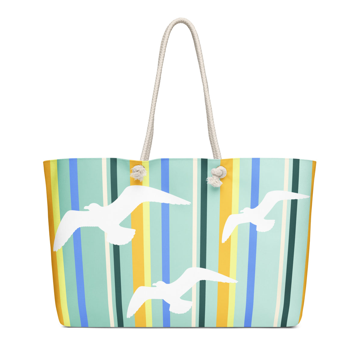 A face-on view of Petals & Paws Cove Weekender Bag. This all-over print bag features seagull design with teal striped pattern and cream-colored cotton rope handles.