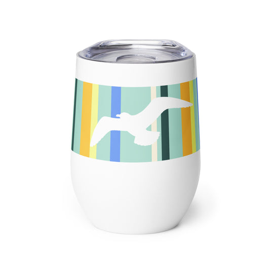 Product mockup of 12 oz Petals & Paws Cove Wine Tumbler, featuring seagull design with teal striped pattern on a white surface. There is a plastic sip-lid on top.