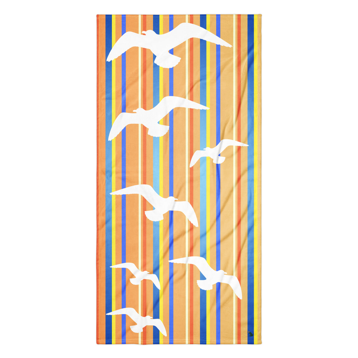 A flat-lay of 36 x 72" Petals & Paws Drift Beach Towel. This terry fabric towel features seagull design with orange striped pattern.