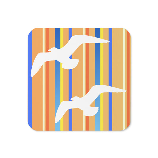 Product mockup of the front of Petals & Paws Drift Coaster cork-backed, square coaster.  Design is seagulls are flying against a orange striped pattern.
