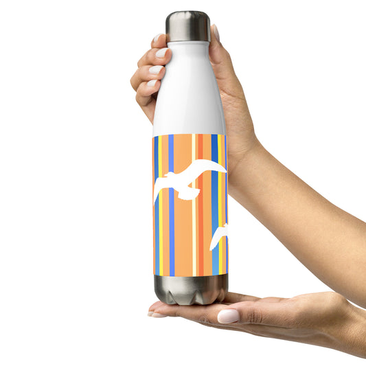 A 17 oz Petals & Paws Drift Water Bottle held by two hands in a presentation style. This bottle features seagull design with orange striped pattern.