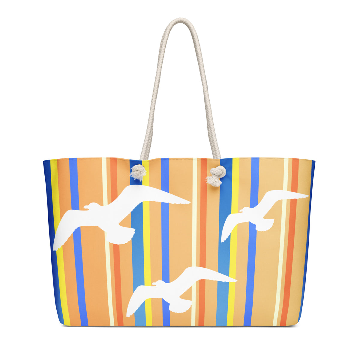 A face-on view of Petals & Paws Drift Weekender Bag. This all-over print bag features seagull design with orange striped pattern and cream-colored cotton rope handles.