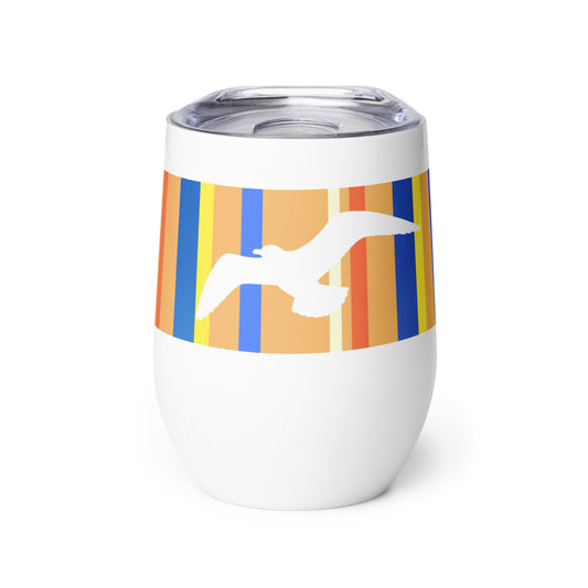 Product mockup of 12 oz Petals & Paws Drift Wine Tumbler, featuring seagull design with orange striped pattern on a white surface. There is a plastic sip-lid on top.