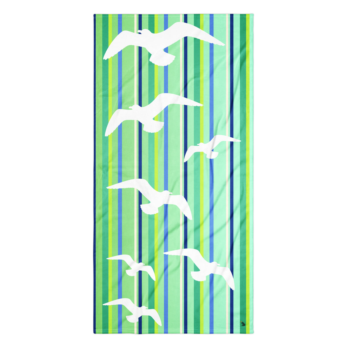 A flat-lay of 36 x 72" Petals & Paws Harbour Beach Towel. This terry fabric towel features seagull design with green striped pattern.