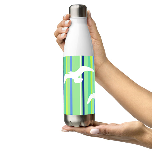 A 17 oz Petals & Paws Harbour Water Bottle held by two hands in a presentation style. This bottle features seagull design with green striped pattern.