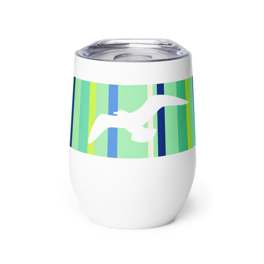 Product mockup of 12 oz Petals & Paws Harbour Wine Tumbler, featuring seagull design with green striped pattern on a white surface. There is a plastic sip-lid on top.