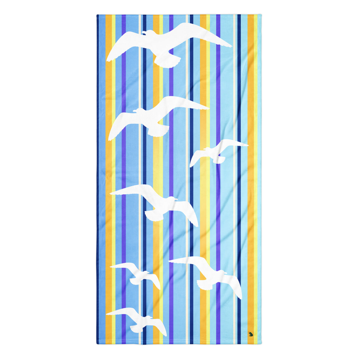A flat-lay of 36 x 72" Petals & Paws Shoreline Beach Towel. This terry fabric towel features seagull design with blue striped pattern.