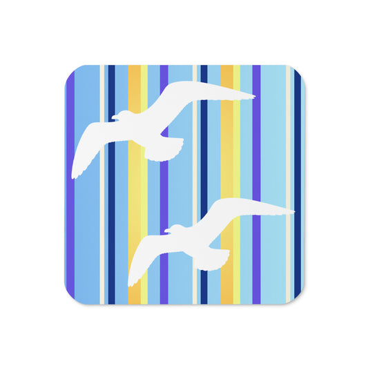 Product mockup of the front of Petals & Paws Shoreline Coaster cork-backed, square coaster.  Design is seagulls are flying against a blue striped pattern.
