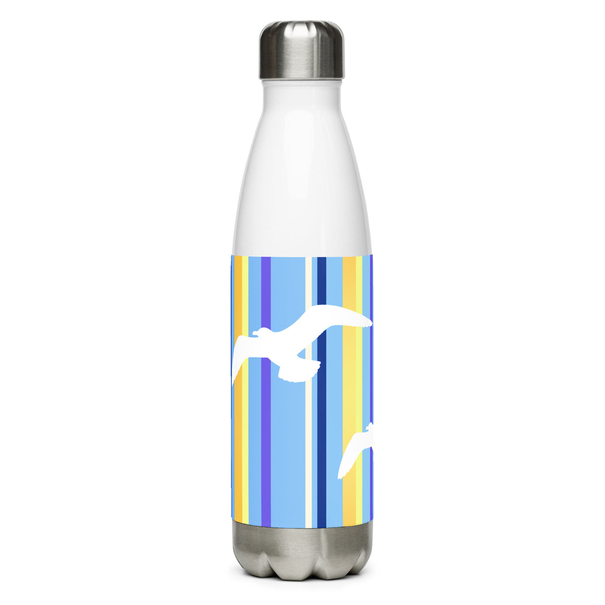 Product mockup of a 17 oz Petals & Paws Shoreline Water Bottle against a white background. This bottle features seagull design with blue striped pattern.