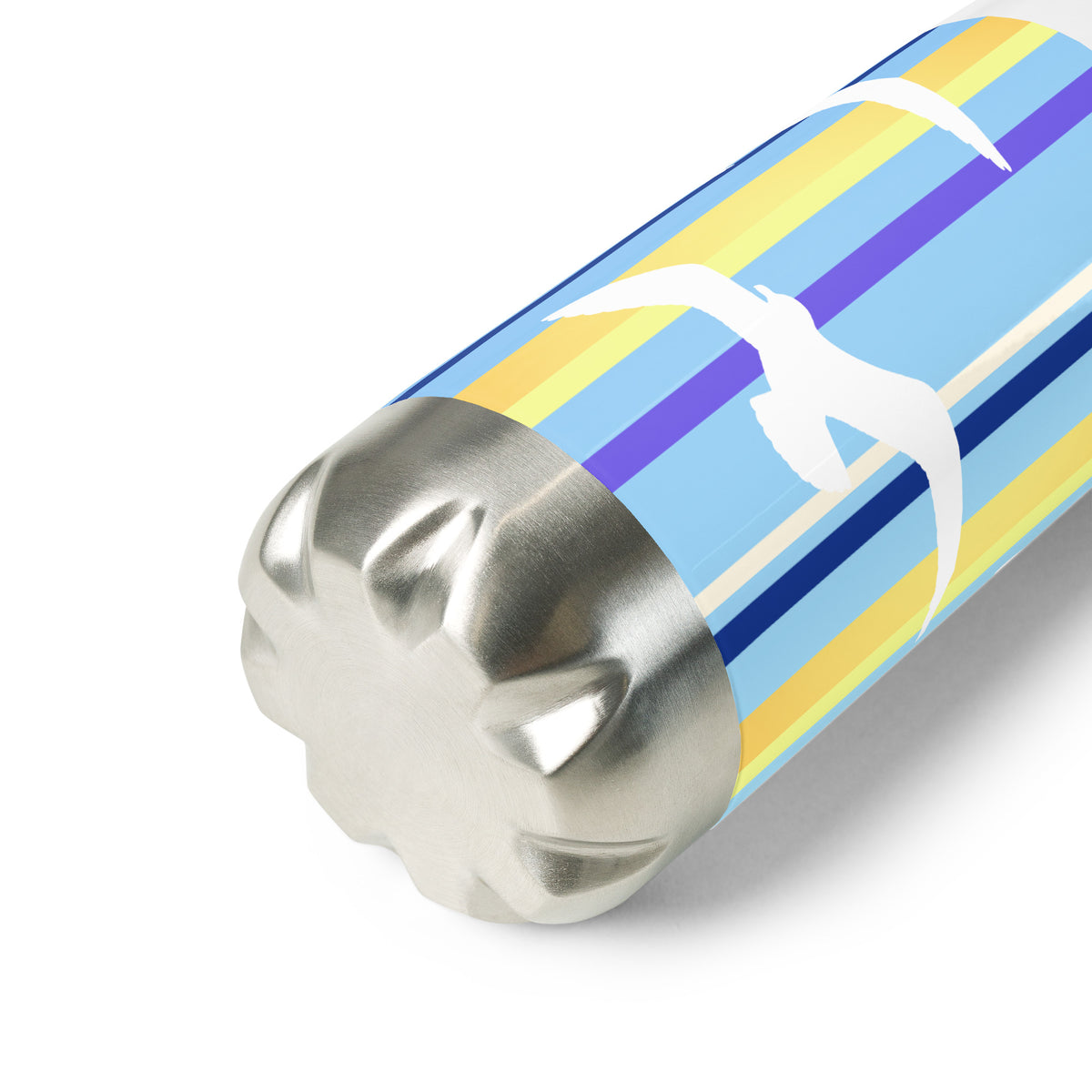 A Petals & Paws Shoreline Water Bottle laying on its side to reveal the structure of its stainless steel bottom. This bottle features seagull design with blue striped pattern.