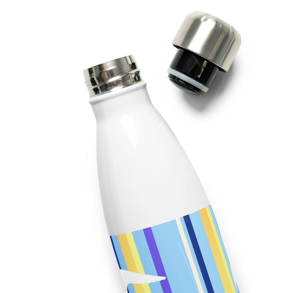 A Petals & Paws Shoreline Water Bottle, with screw-lid off to reveal it fully, along with the bottle rim. This bottle features seagull design with blue striped pattern.