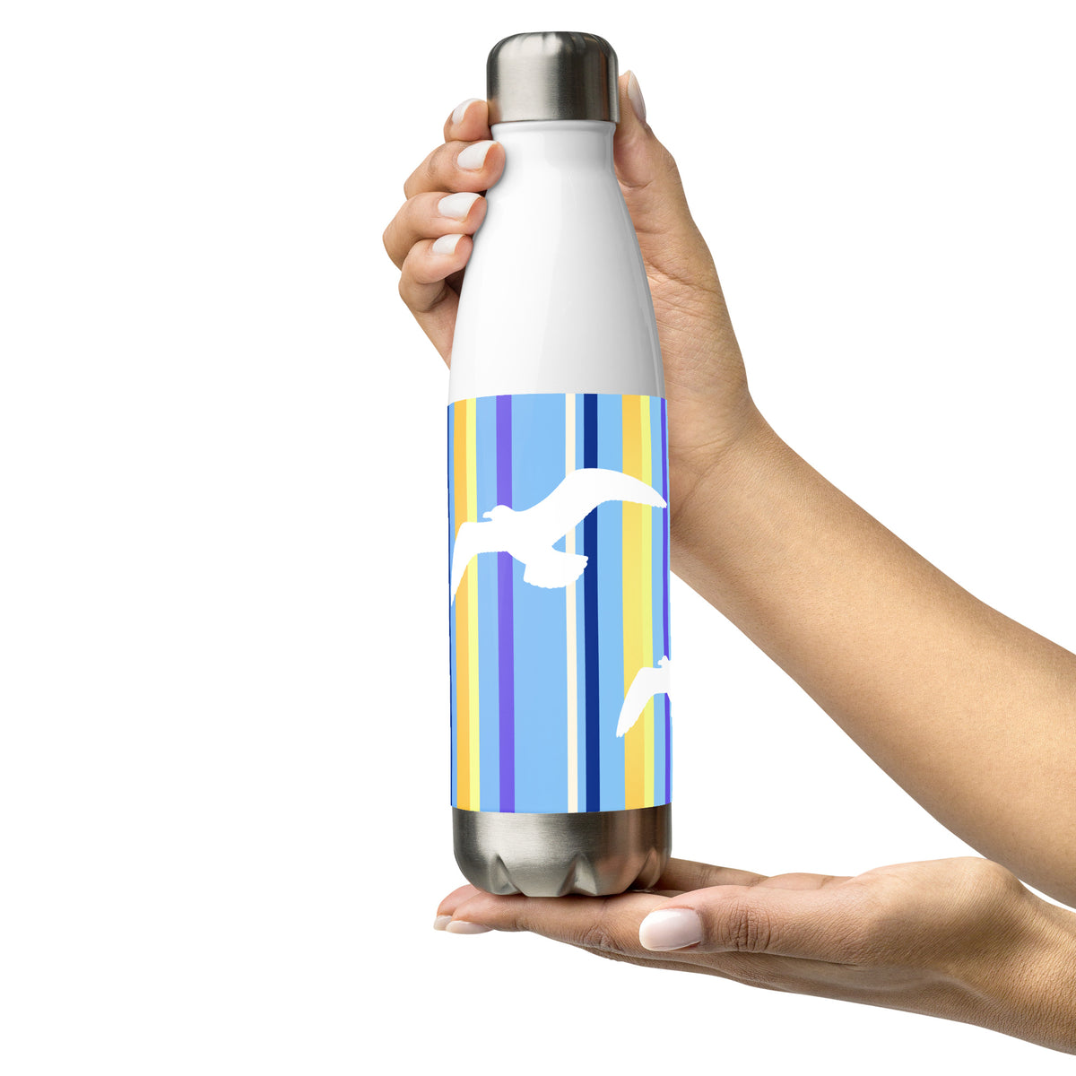 A 17 oz Petals & Paws Shoreline Water Bottle held by two hands in a presentation style. This bottle features seagull design with blue striped pattern.