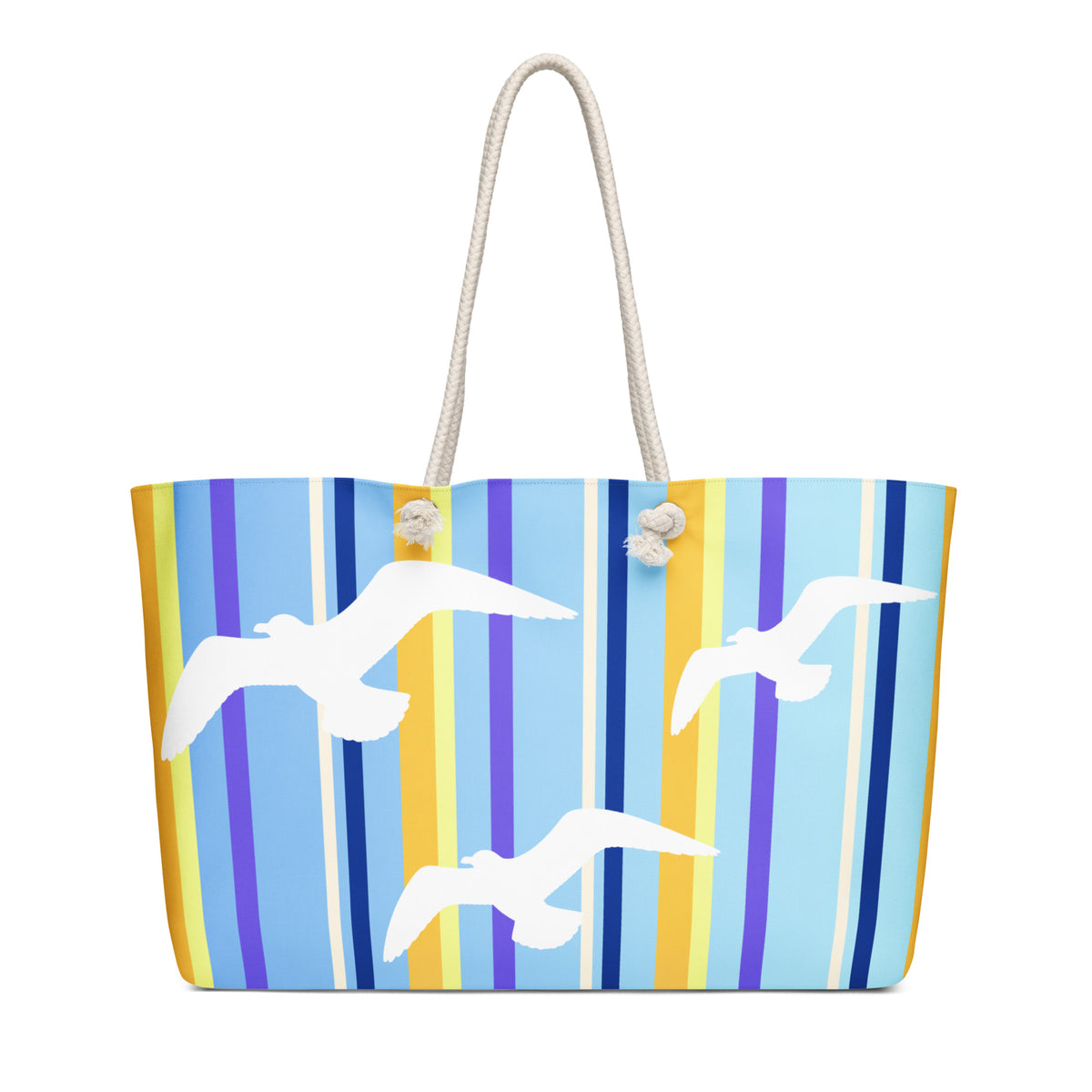 A face-on view of Petals & Paws Shoreline Weekender Bag. This all-over print bag features seagull design with blue striped pattern and cream-colored cotton rope handles.