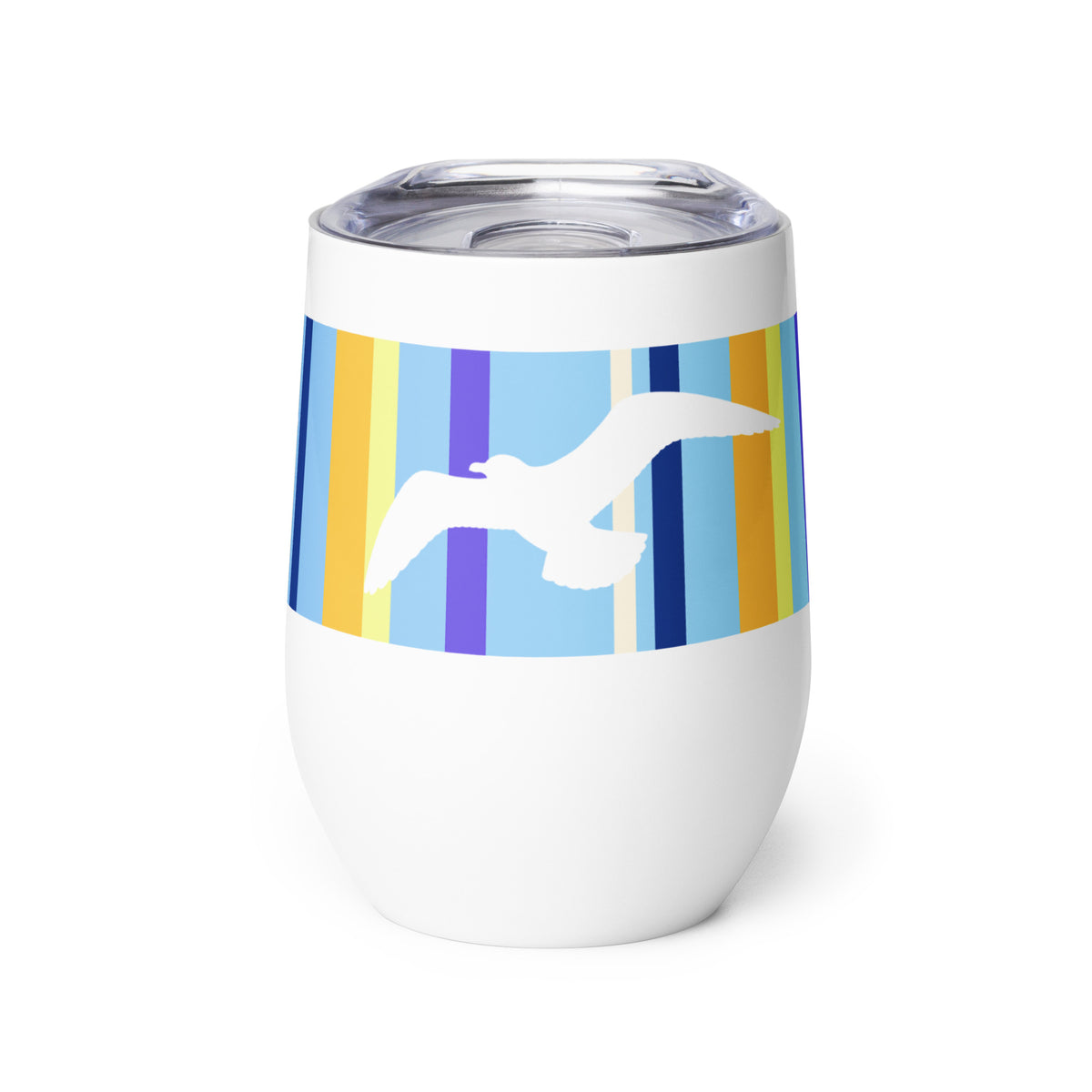 Product mockup of 12 oz Petals & Paws Shoreline Wine Tumbler, featuring seagull design with blue striped pattern on a white surface. There is a plastic sip-lid on top.