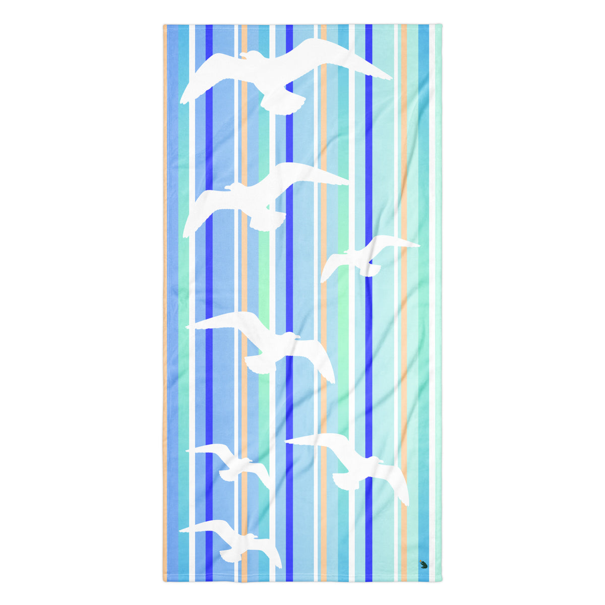 A flat-lay of 36 x 72" Petals & Paws Tide Beach Towel. This terry fabric towel features seagull design with blue striped pattern.