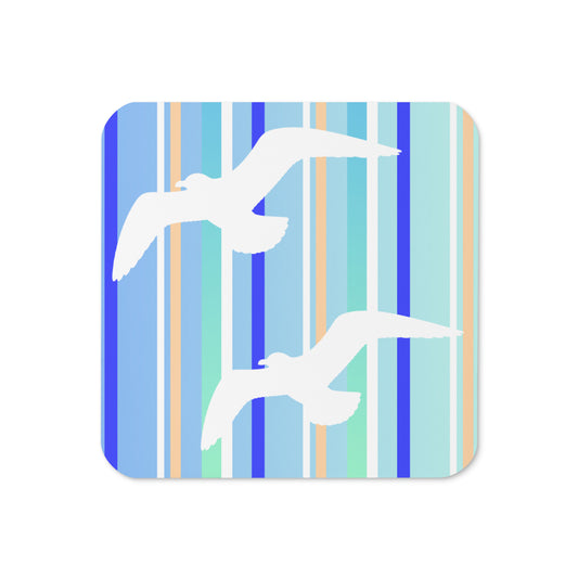 Product mockup of the front of Petals & Paws Tide Coaster cork-backed, square coaster.  Design is seagulls are flying against a blue striped pattern.