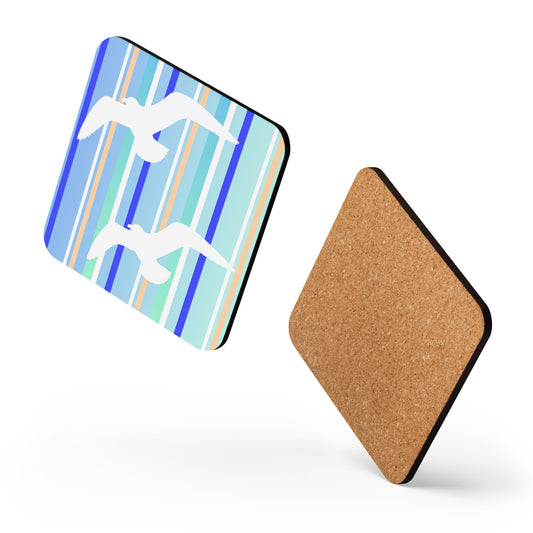 Two square Petals & Paws Tide coasters appear to be dancing against a white background, one showing the seagull blue striped pattern on the front, while the other shows the cork on the back. 