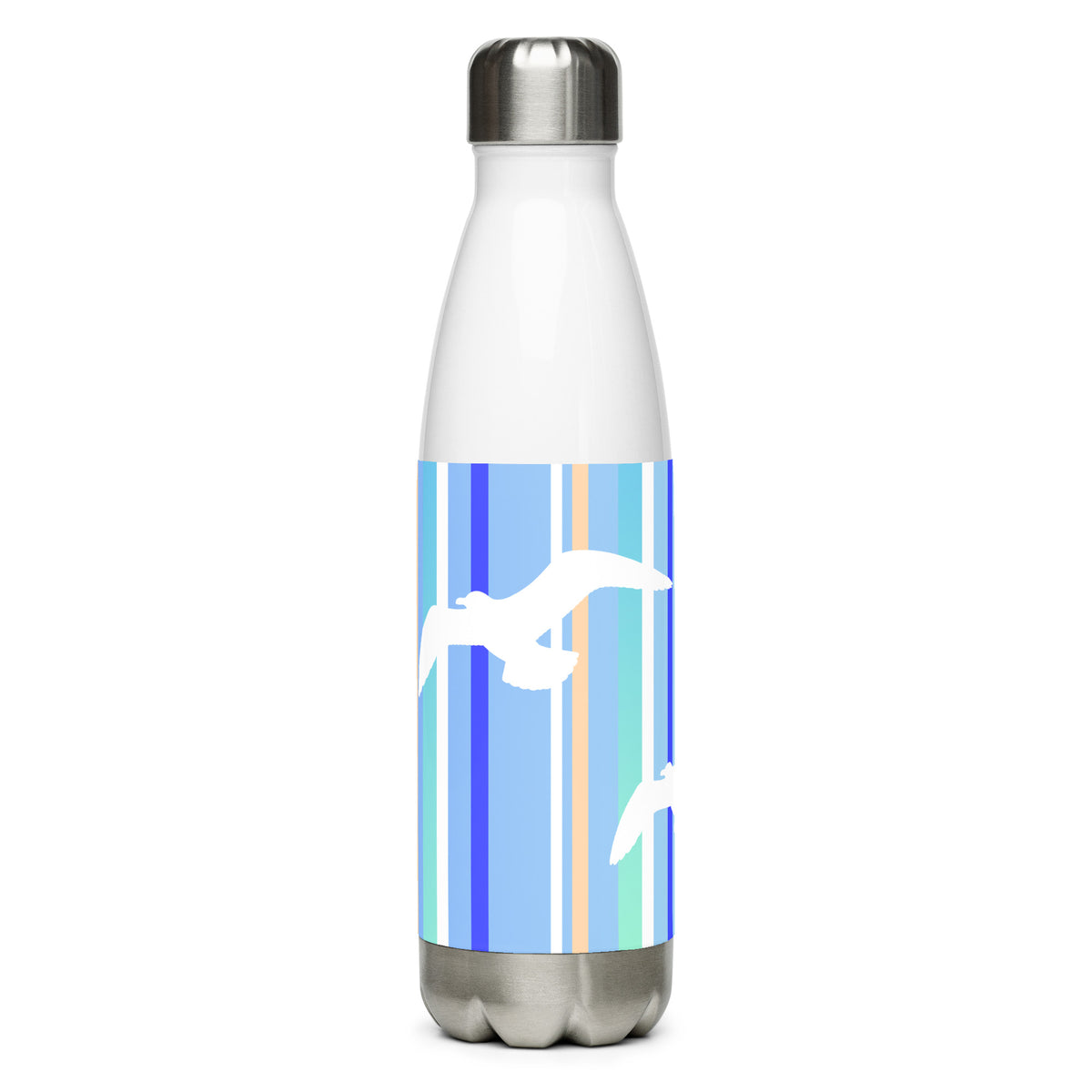 Product mockup of a 17 oz Petals & Paws Tide Water Bottle against a white background. This bottle features seagull design with blue striped pattern.