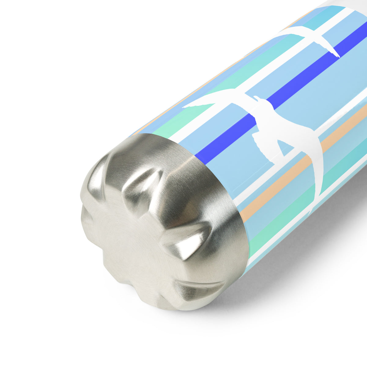 A Petals & Paws Tide Water Bottle laying on its side to reveal the structure of its stainless steel bottom. This bottle features seagull design with blue striped pattern.