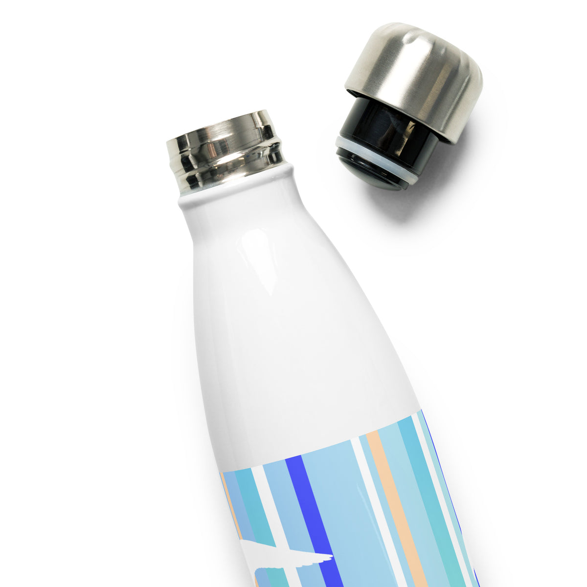 A Petals & Paws Tide Water Bottle, with screw-lid off to reveal it fully, along with the bottle rim. This bottle features seagull design with blue striped pattern.