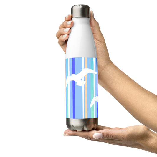 A 17 oz Petals & Paws Tide Water Bottle held by two hands in a presentation style. This bottle features seagull design with blue striped pattern.