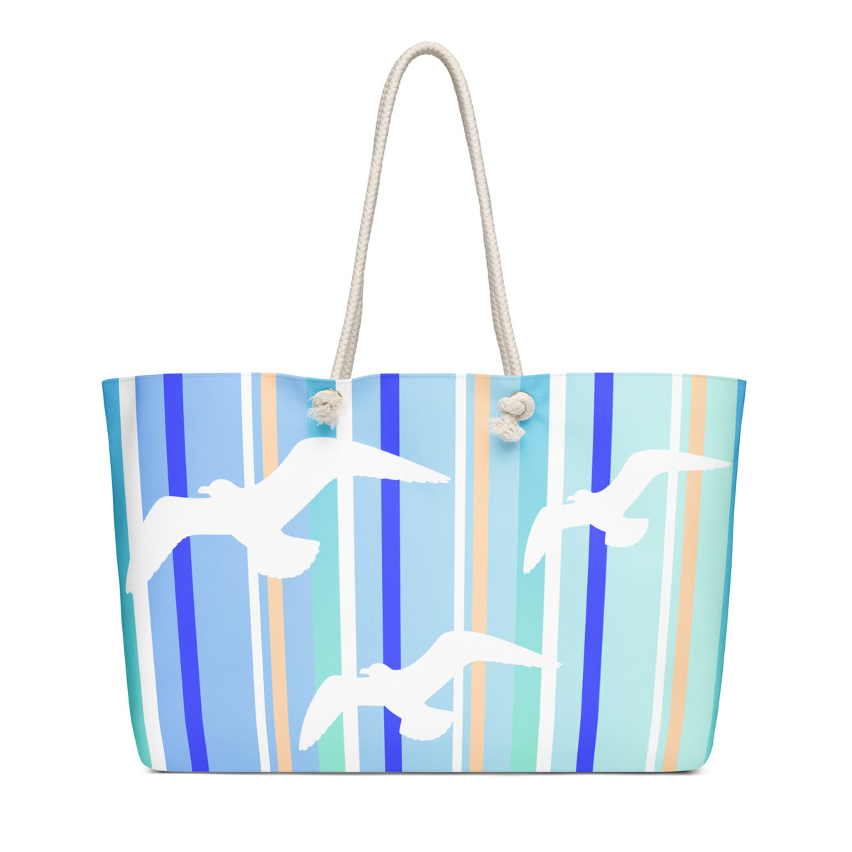 A face-on view of Petals & Paws Tide Weekender Bag. This all-over print bag features seagull design with blue striped pattern and cream-colored cotton rope handles.