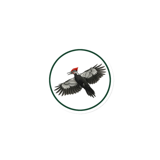Product mock-up of the die-cut, 3x3 inch Pileated Woodpecker Circular Magnet.  The flying bird is enclosed in a green circle with white background.
