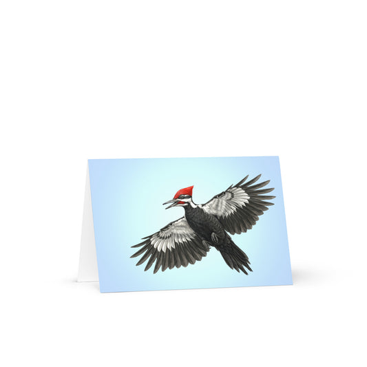 Product mockup of 4x6 card, Pileated Woodpecker, standing open. Depicts a realistic illustration of a male Pileated Woodpecker flying against a clear blue sky.