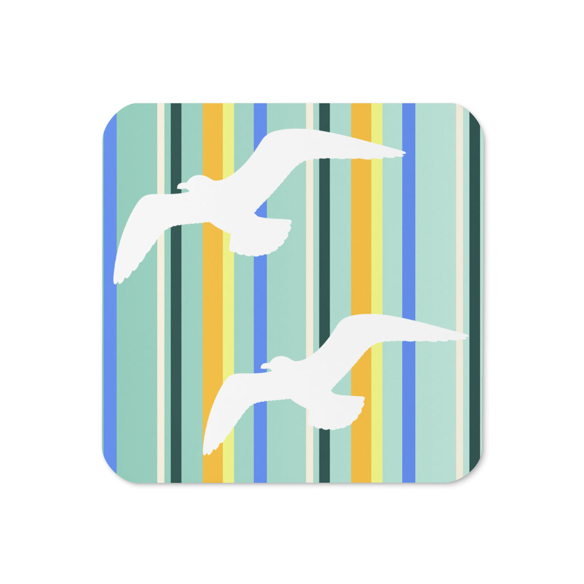 Product mockup of the front of Petals & Paws Cove Coaster cork-backed, square coaster.  Design is seagulls are flying against a teal striped pattern.