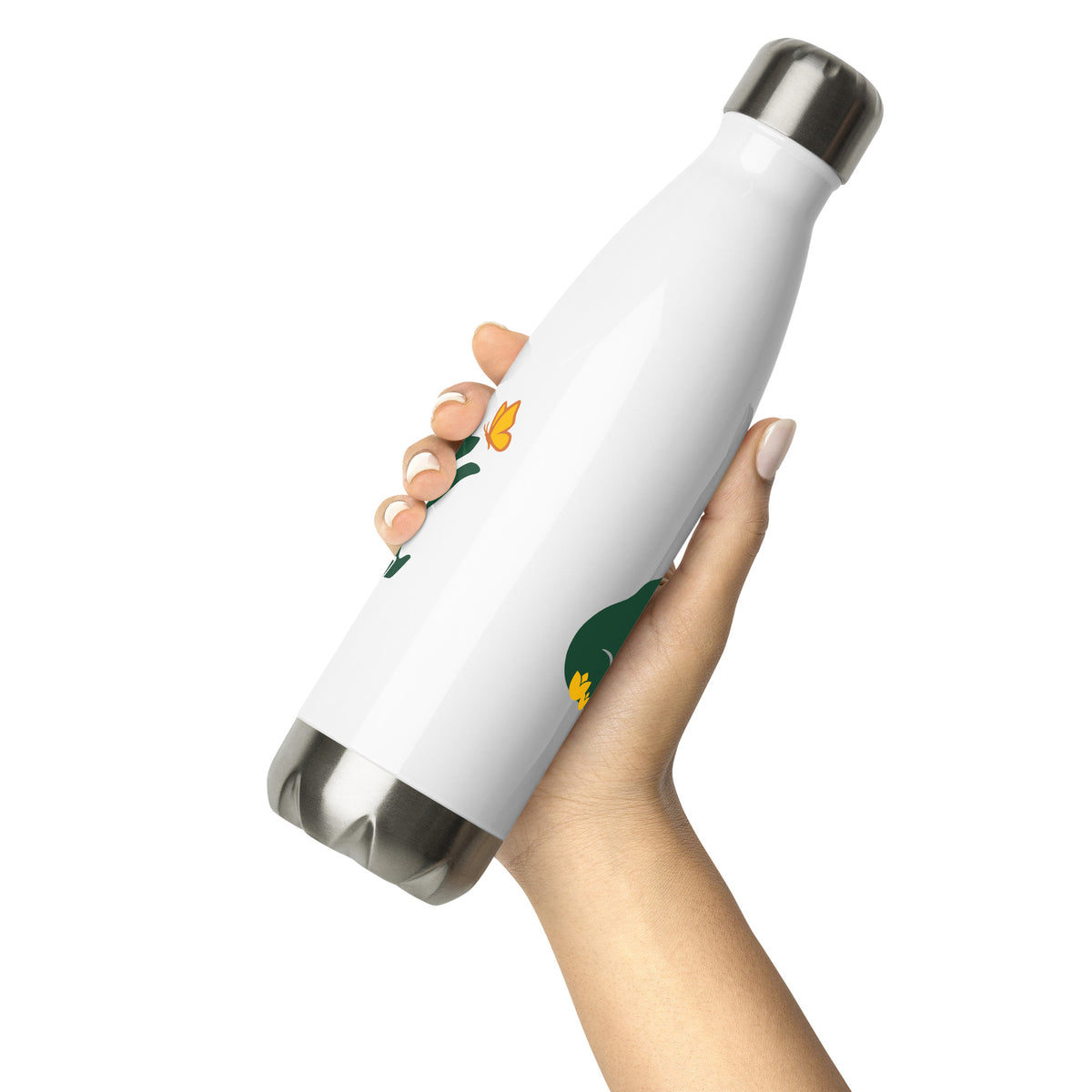 The 17 oz Beary Cool Water Bottle, with the Petals & Paws green bear logo graphic held in a woman's right hand, in a motion of ready-to-go.