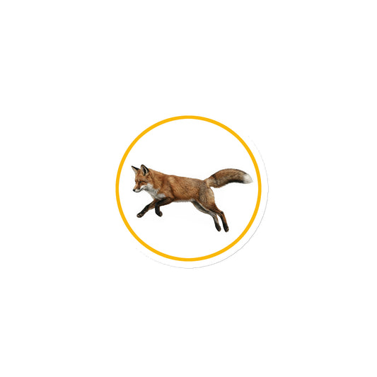 Product mockup of Red Fox Circular Magnet, a 3" die-cut magnet featuring a realistic fox within a yellow circle.