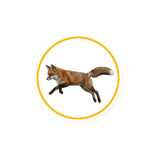 Product mockup of Red Fox Circular Magnet, a 4" die-cut magnet featuring a realistic fox within a yellow circle.