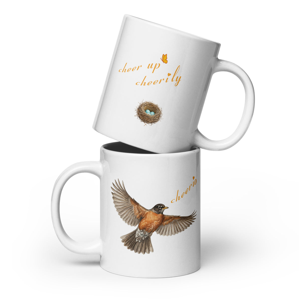 Product mockup, two 20 oz stacked Robin Discovery Ceramic Mugs, the bottom one reveals the front flying robin design and the top reveals the back nest of robin-blue design. 