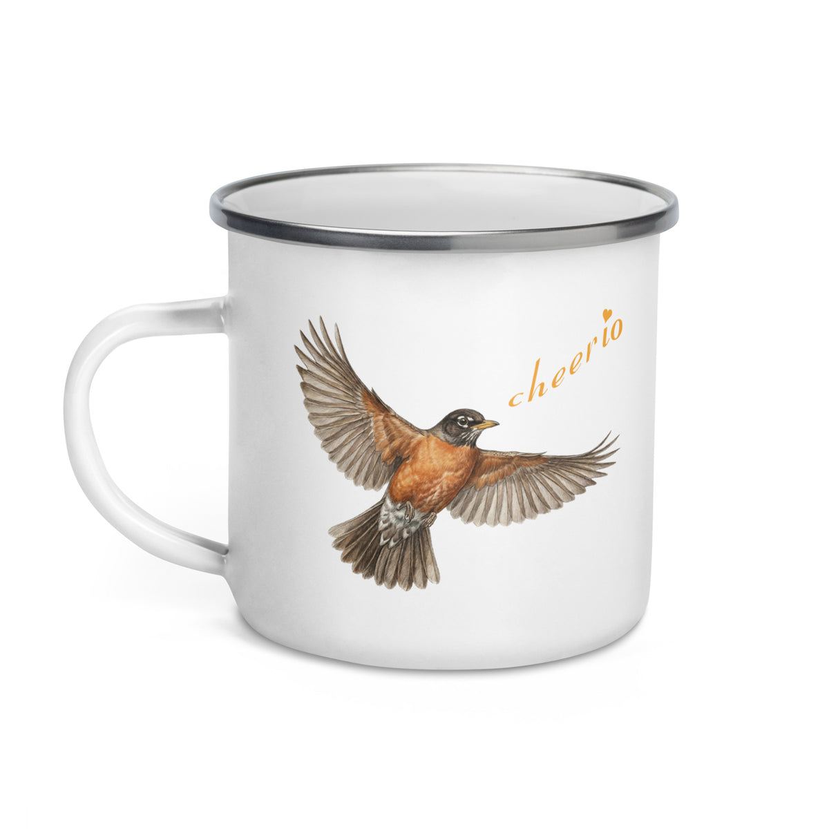 Product mockup of Robin Discovery Enamel Mug, a white mug with a silver rim and a realistic flying robin singing, "cheerio."